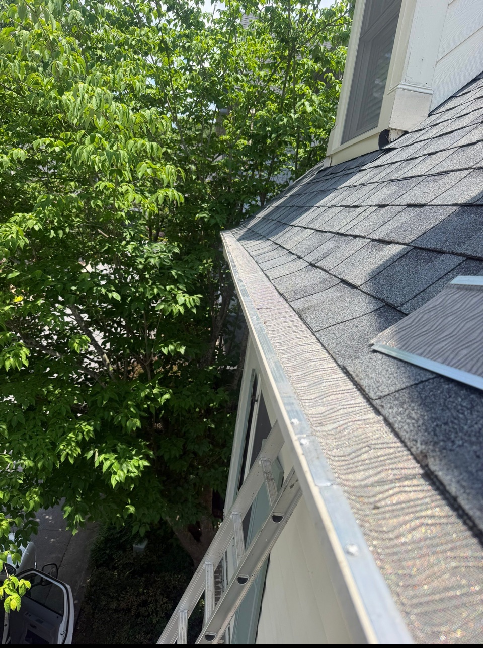 Gutter guards installed along a roofline in Atlanta